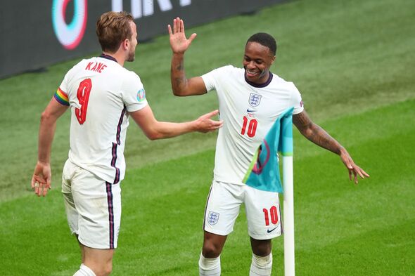Le capitaine Harry Kane et Raheem Sterling célèbrent le but de la victoire 2-0 de l'Angleterre contre l'Allemagne.