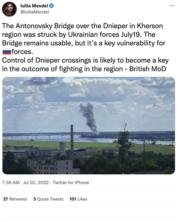 Le ministère britannique de la Défense a déclaré que les troupes de Kyiv avaient frappé le pont Antonovskiy