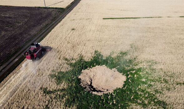 Un champ de céréales avec un cratère de bombe.