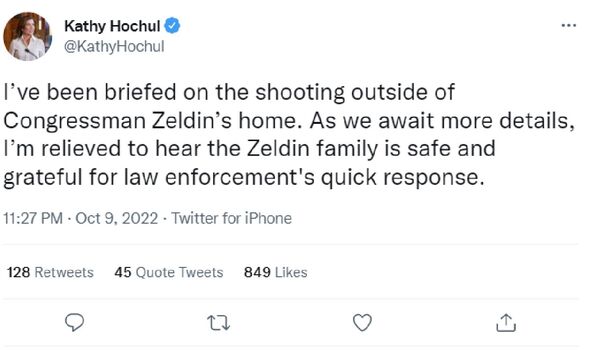 Mme Hochul a déclaré qu'elle avait été informée de l'incident dans un tweet dimanche.