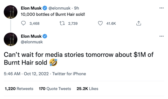 Elon a affirmé avoir déjà vendu 10 000 bouteilles à 96 £ chacune, pour un total d'un million de dollars.