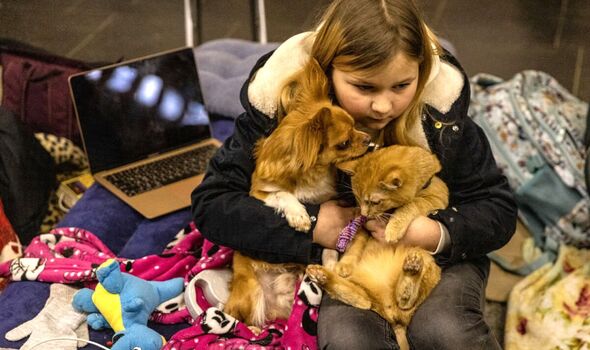 Une fille assise avec son chien et son chat à Kiev.