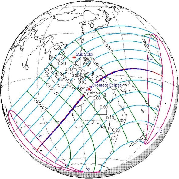 Le chemin de l'éclipse hybride du 20 avril 2023