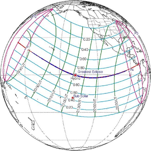La trajectoire de l'éclipse hybride du 14 novembre 2031